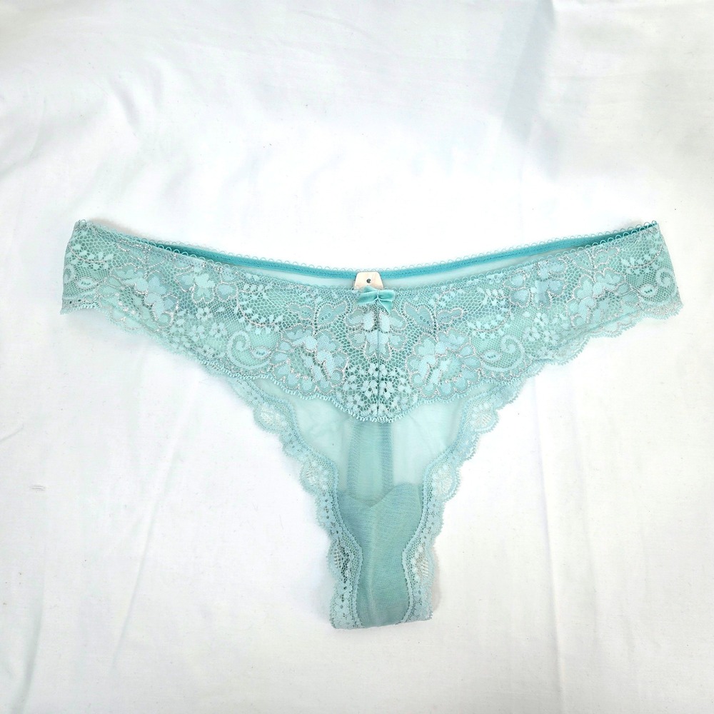 Y2K Victoria's Secret Aqua Silver Thread Dream Angels Sheer Lace Thong Large NWT